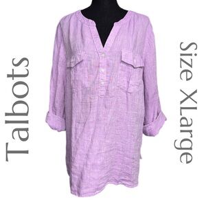 Talbots - 100% Linen Roll-Tab Sleeve Shirt - Purple Button Front Top - Size XL